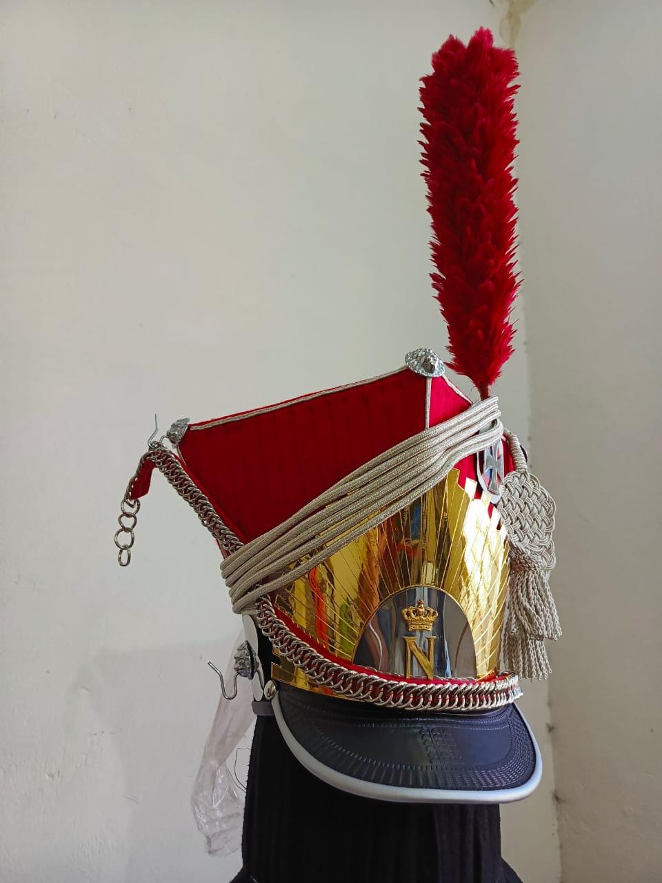 Napoleonic French Lancer Shako Hat: Wool & Leather, Brass Details