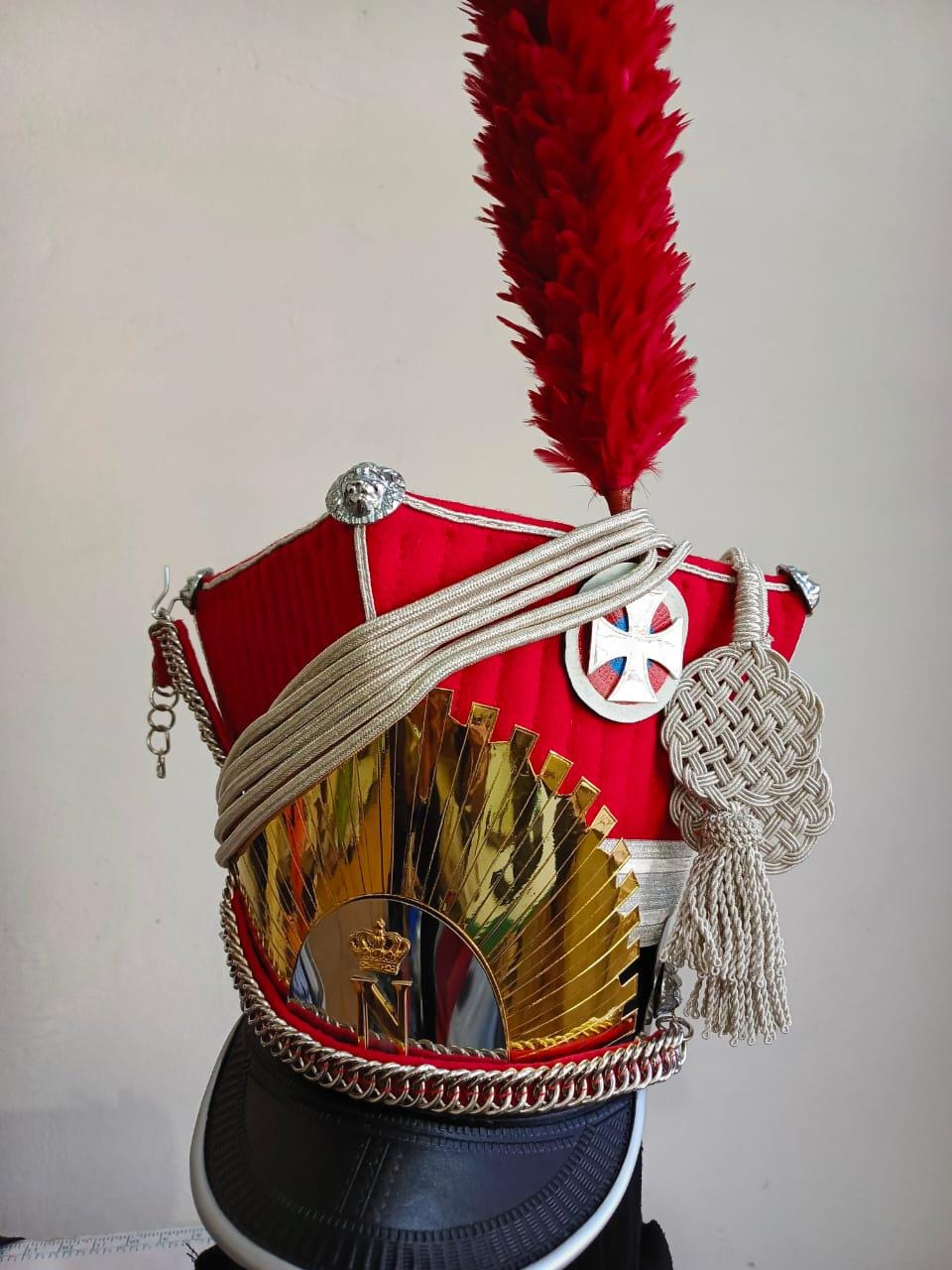 Napoleonic French Lancer Shako Hat: Wool & Leather, Brass Details