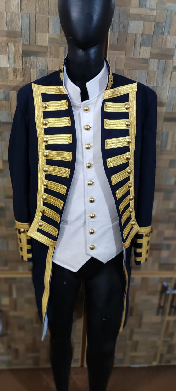 Napoleonic Naval Admiral Frock Coat & Waistcoat: Gold Braid, Wool Military Tailcoat