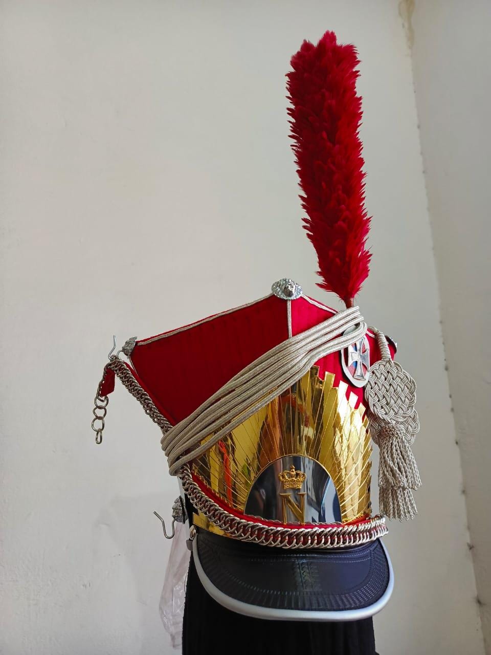 Napoleonic French Lancer Shako Hat: Wool & Leather, Brass Details
