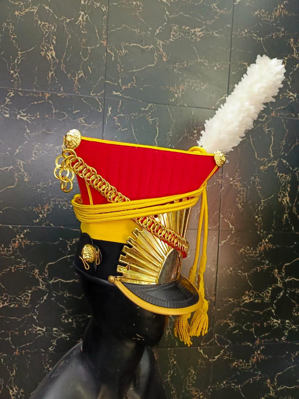 Napoleonic 2nd Lancer Officer Shako Hat: Wool & Leather, Brass Details