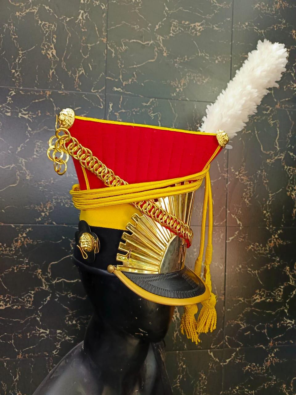 Napoleonic 2nd Lancer Officer Shako Hat: Wool & Leather, Brass Details