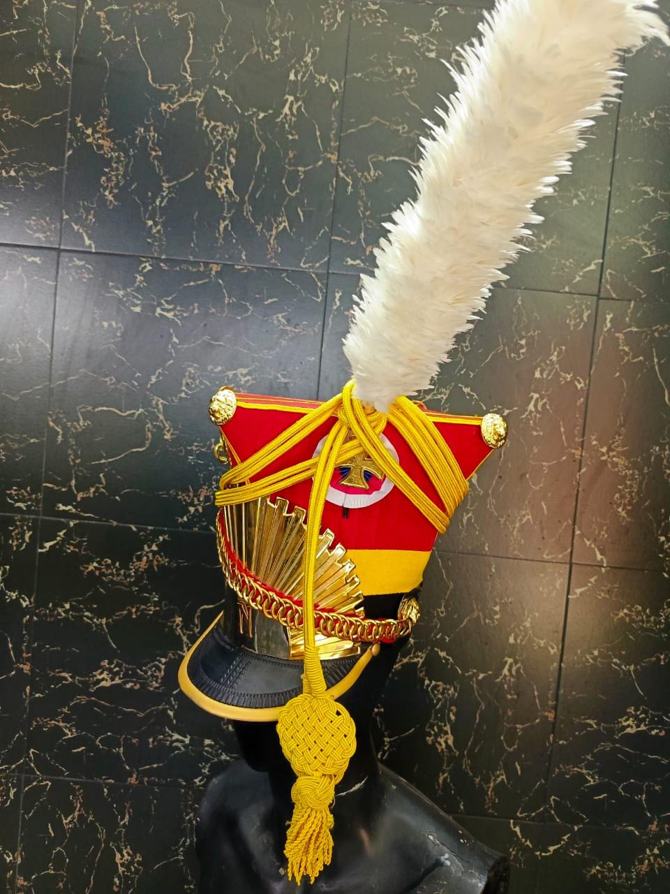 Napoleonic 2nd Lancer Officer Shako Hat: Wool & Leather, Brass Details