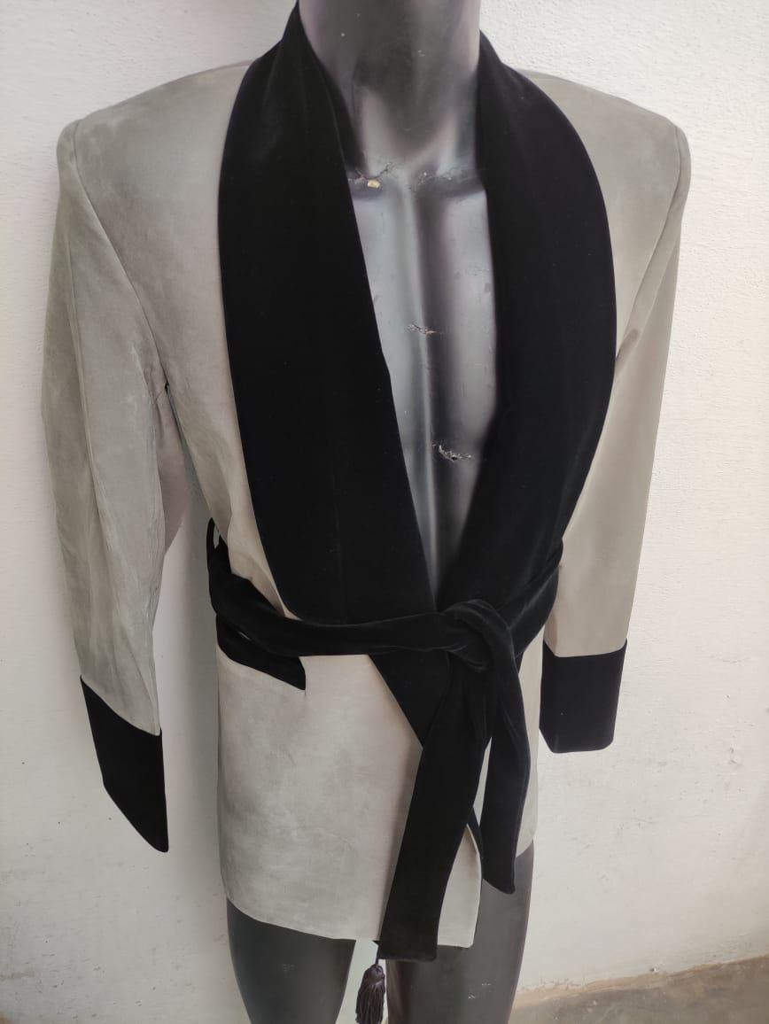New Gray Velvet Smoking Robe Coat Jacket Wedding Party Wear Robe Smoking COAT | Luxury Black & Grey Suit with Belt | Fashion Outerwear