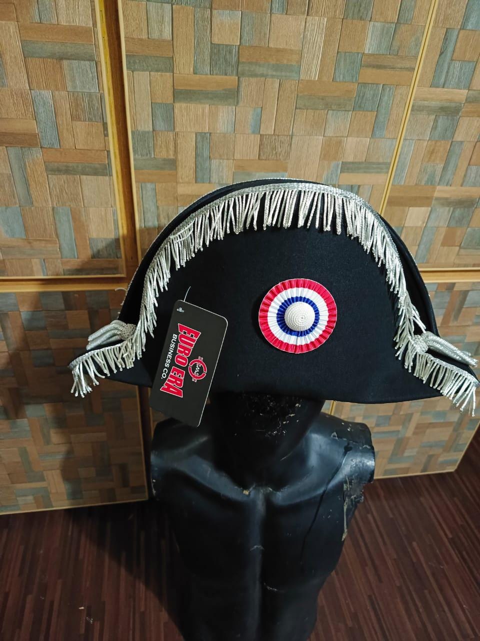 Napoleonic Bicorn Hat: Wool Felt, Silver Bullion Fringes