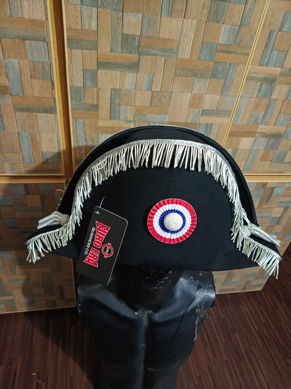 Napoleonic Bicorn Hat: Wool Felt, Silver Bullion Fringes