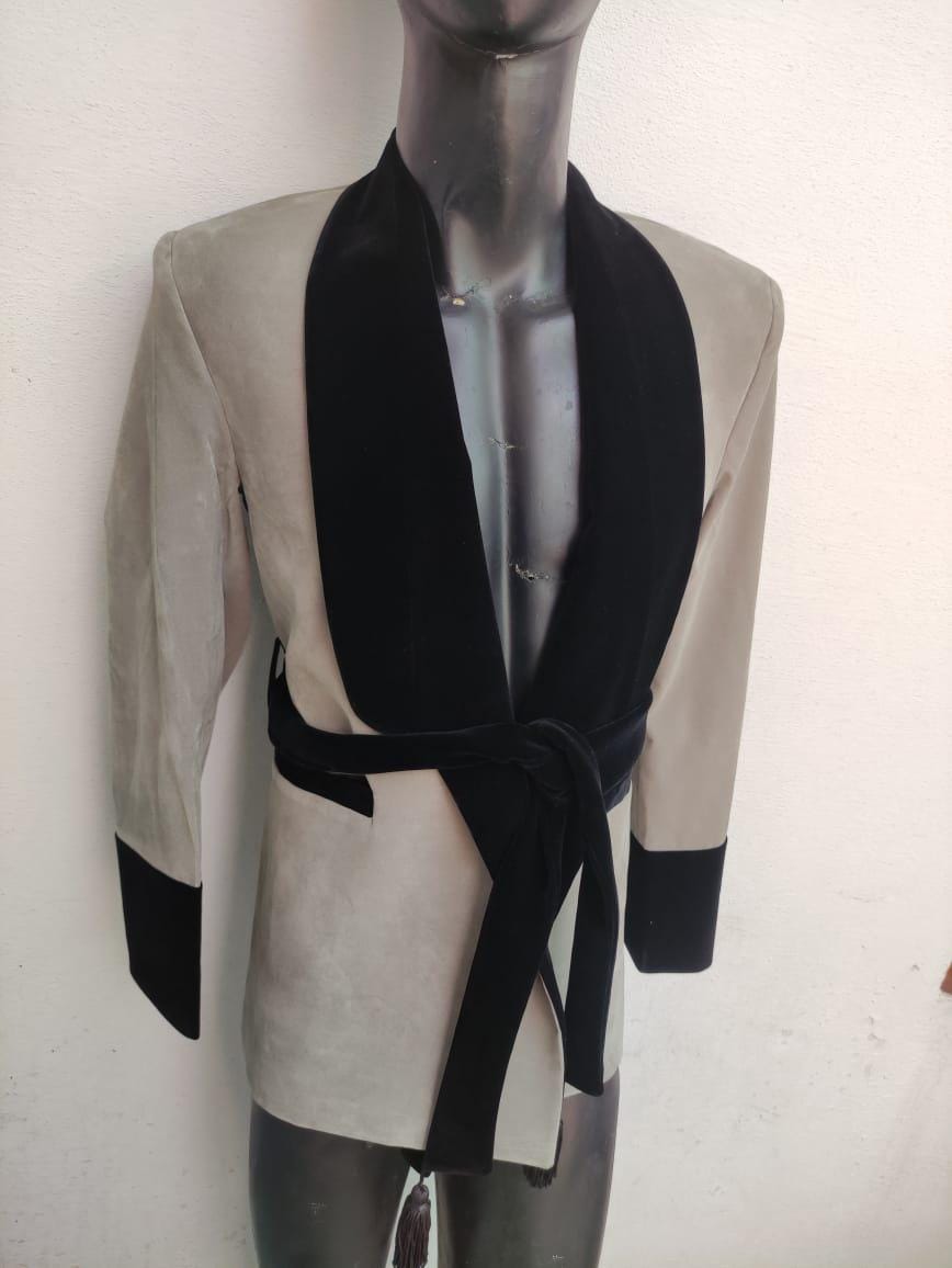 New Gray Velvet Smoking Robe Coat Jacket Wedding Party Wear Robe Smoking COAT | Luxury Black & Grey Suit with Belt | Fashion Outerwear