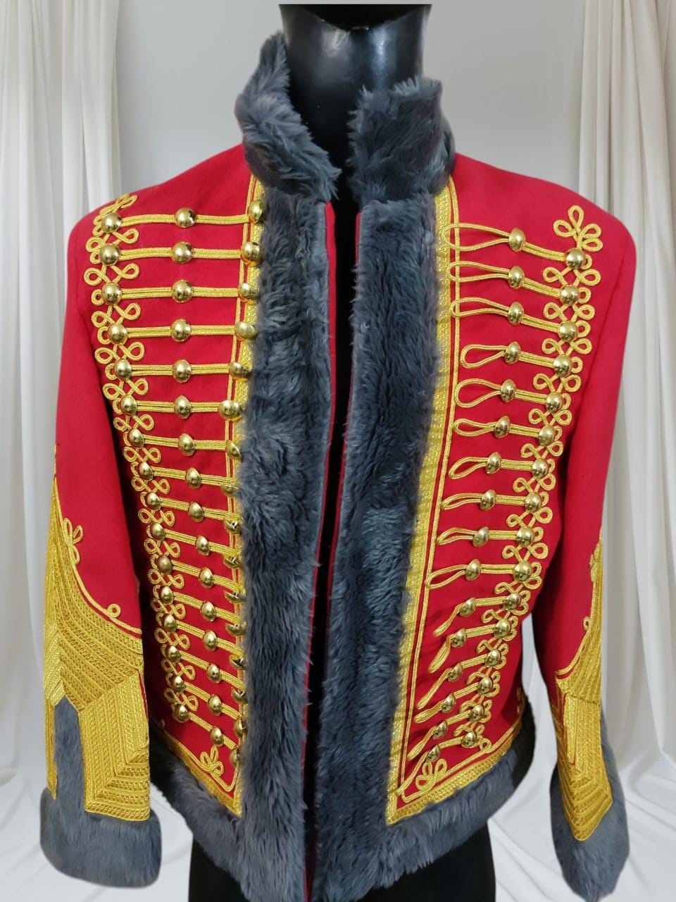 Red Military Parade Jacket: Gold Embroidery, Faux Fur Trim