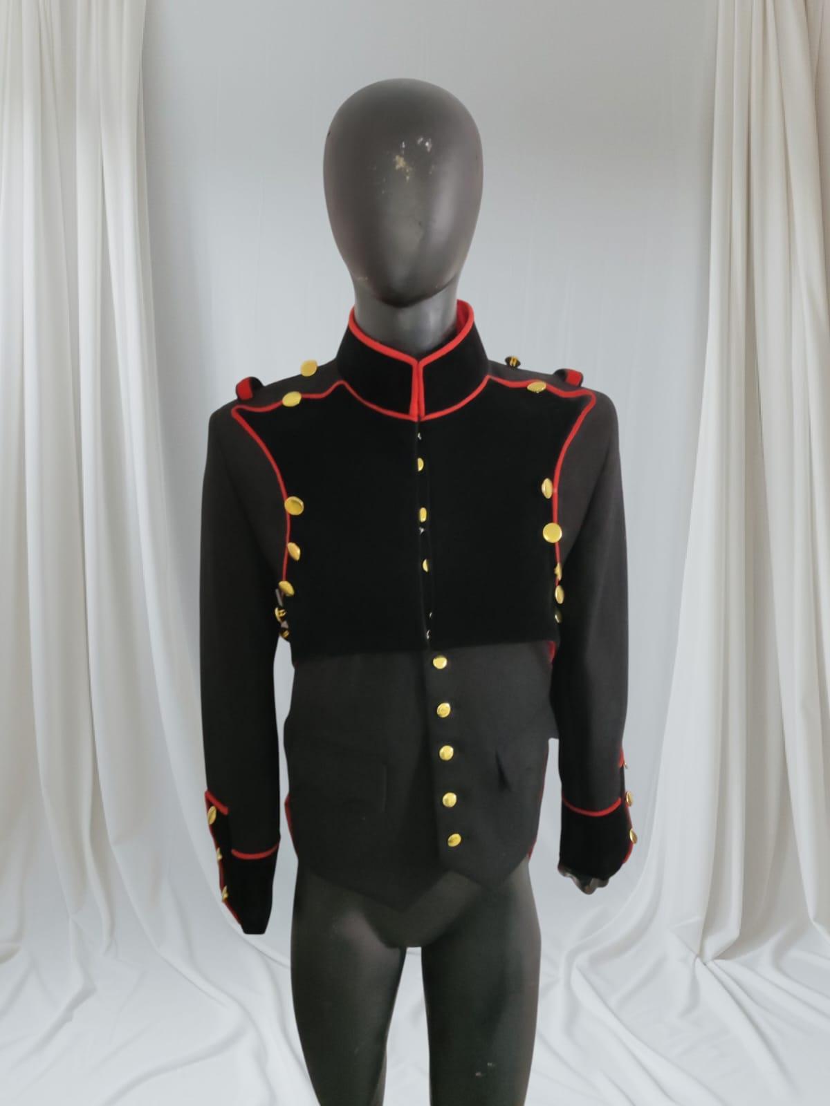 Vintage Military Parade Jacket: Black Wool Blend, Red Trim