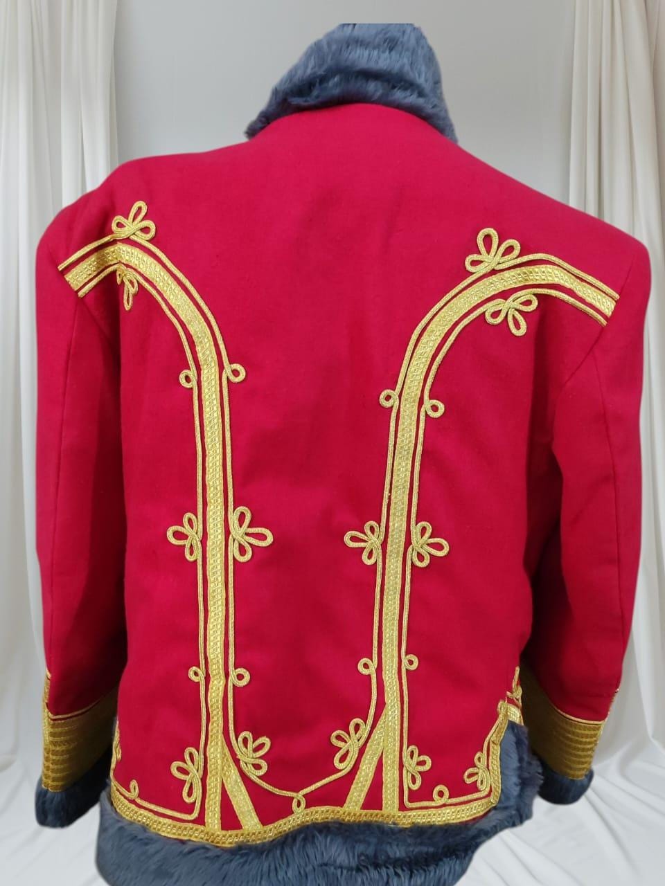 Red Military Parade Jacket: Gold Embroidery, Faux Fur Trim